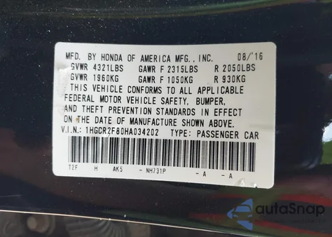 2017 Honda Accord Ex-L from USA, damaged, VIN 1HGCR2F80HA034202